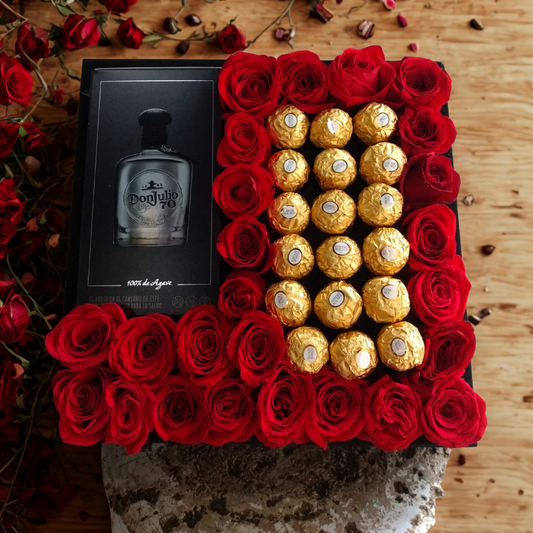 Caja de Rosas, Chocolates Ferrero y Tequila Don Julio 70
